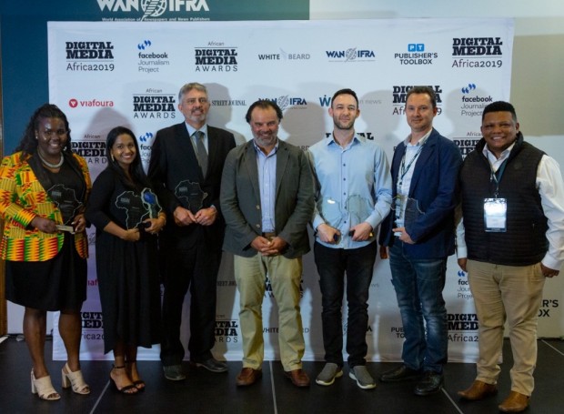 winners Digital Media Awards 2019: from left to right: Zamantungwa Khumalo, Mail &amp; Guardian; Jerusha Sukhdeo-Raath, 24.com; Chris Roper, Code for Africa; Fernando de Yarza López-Madrazo, WAN-IFRA President; Rowan Polovin, Daily Maverick; Kobus Louwrens, Food for Mzansi and Ivor Price, Food